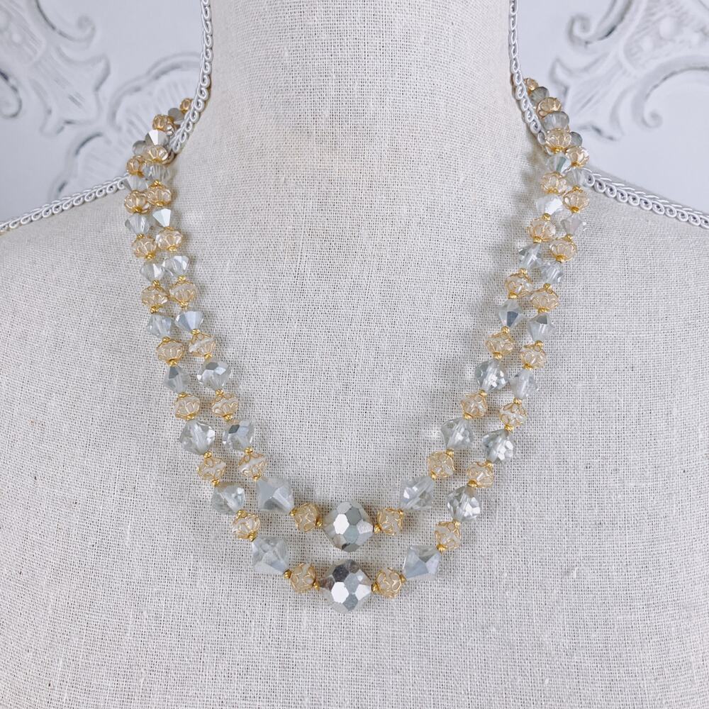VTG Double Strand Graduated Faceted Mirror AB Crystal Glass Necklace on Wire - Picture 2 of 6
